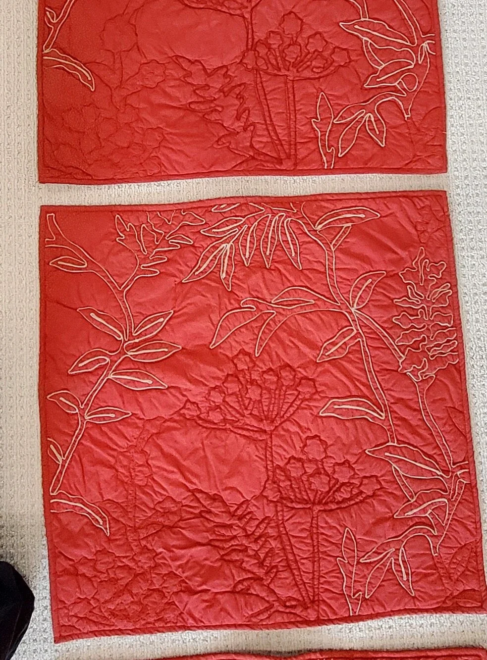3 Pottery Barn Brick/Tan Organic Cotton Crewel Leaf Botanical Quilted Euro Shams